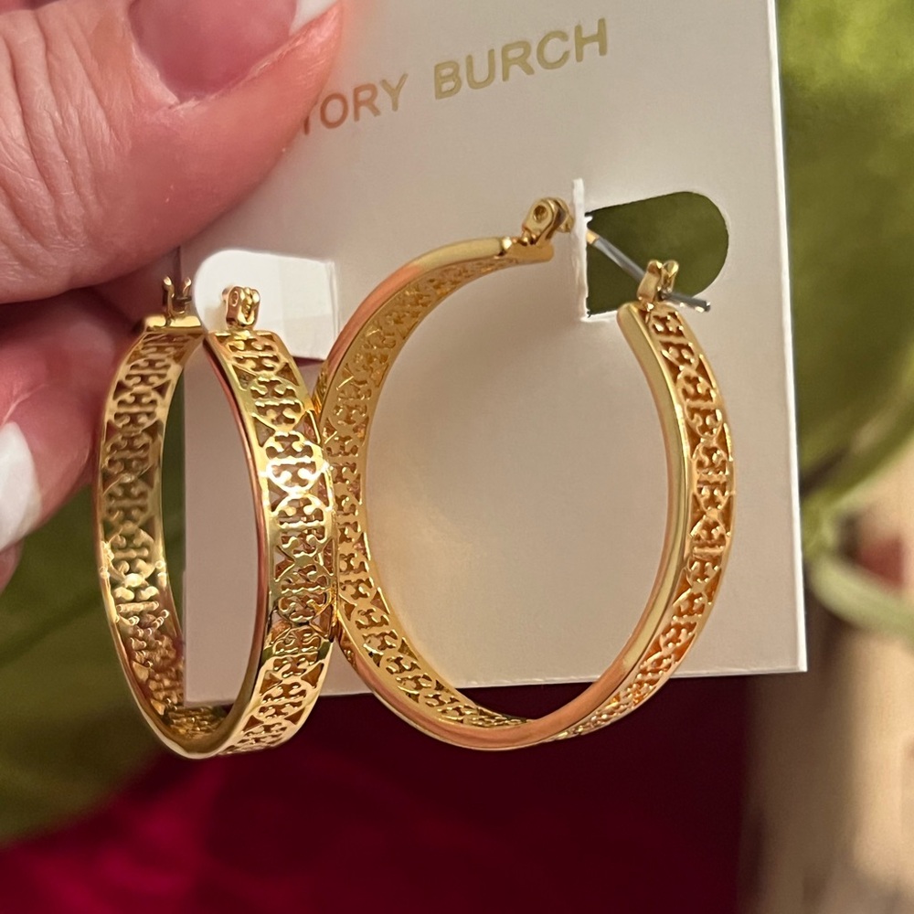 Tory Burch Intricate Gold Hoop Earrings